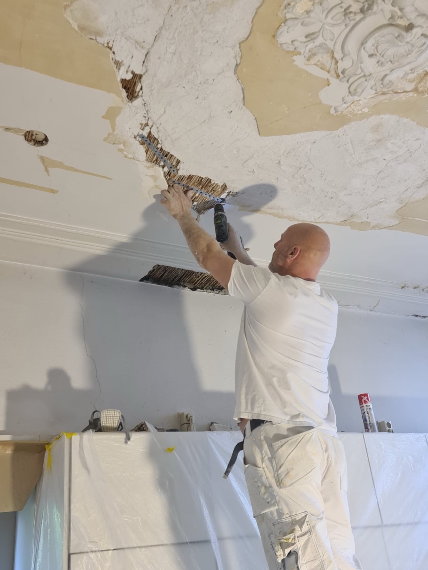 Stukadoor herstelt een monumentaal ornamentenplafond met schroefstrips
