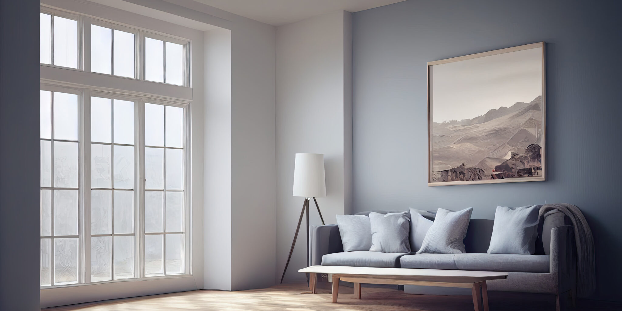 mock up poster frame in modern interior background, living room, Scandinavian style, Generative AI illustration
